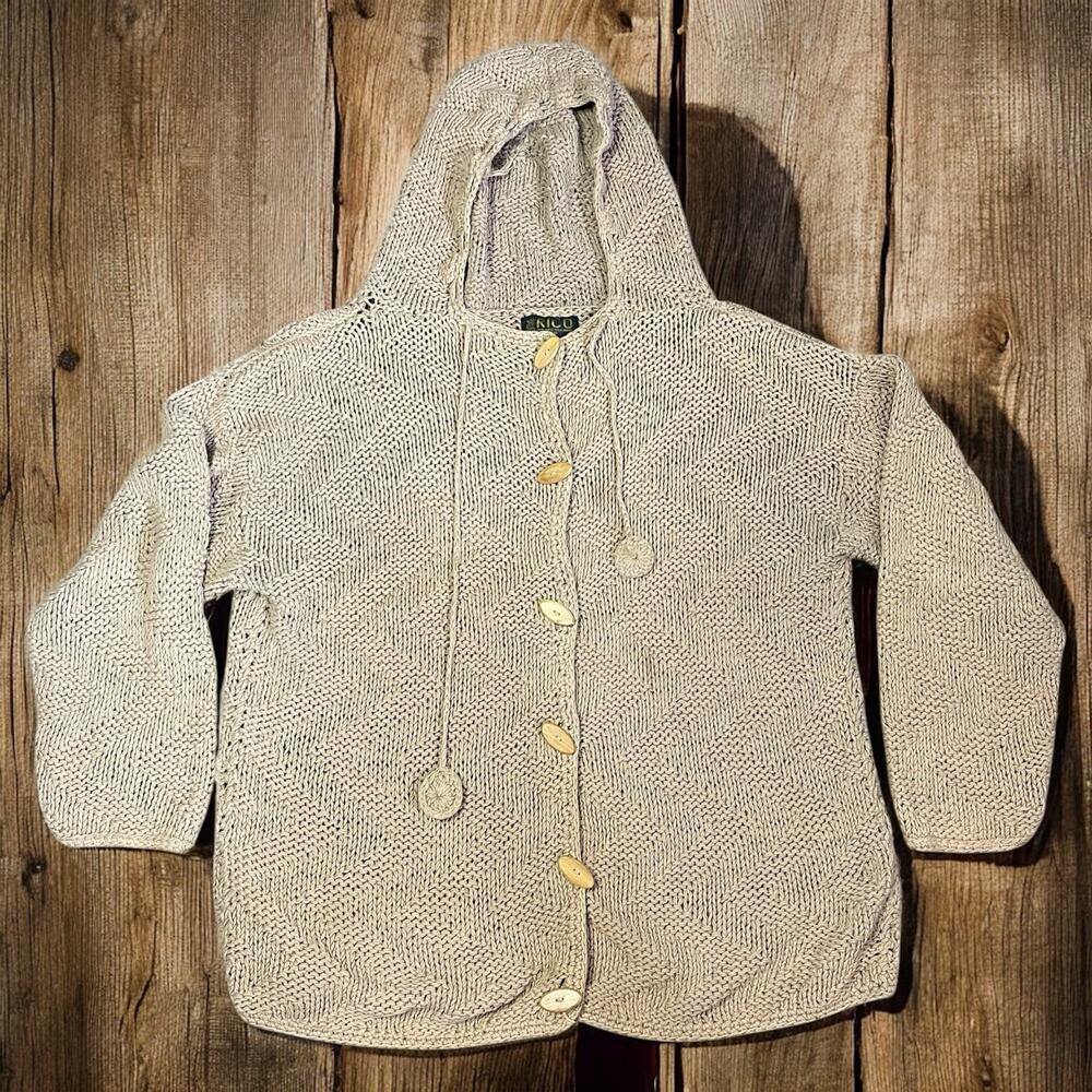 Rico Women's Light Brown Hooded Open Knit Cardigan 100% Cotton Button Down VTG